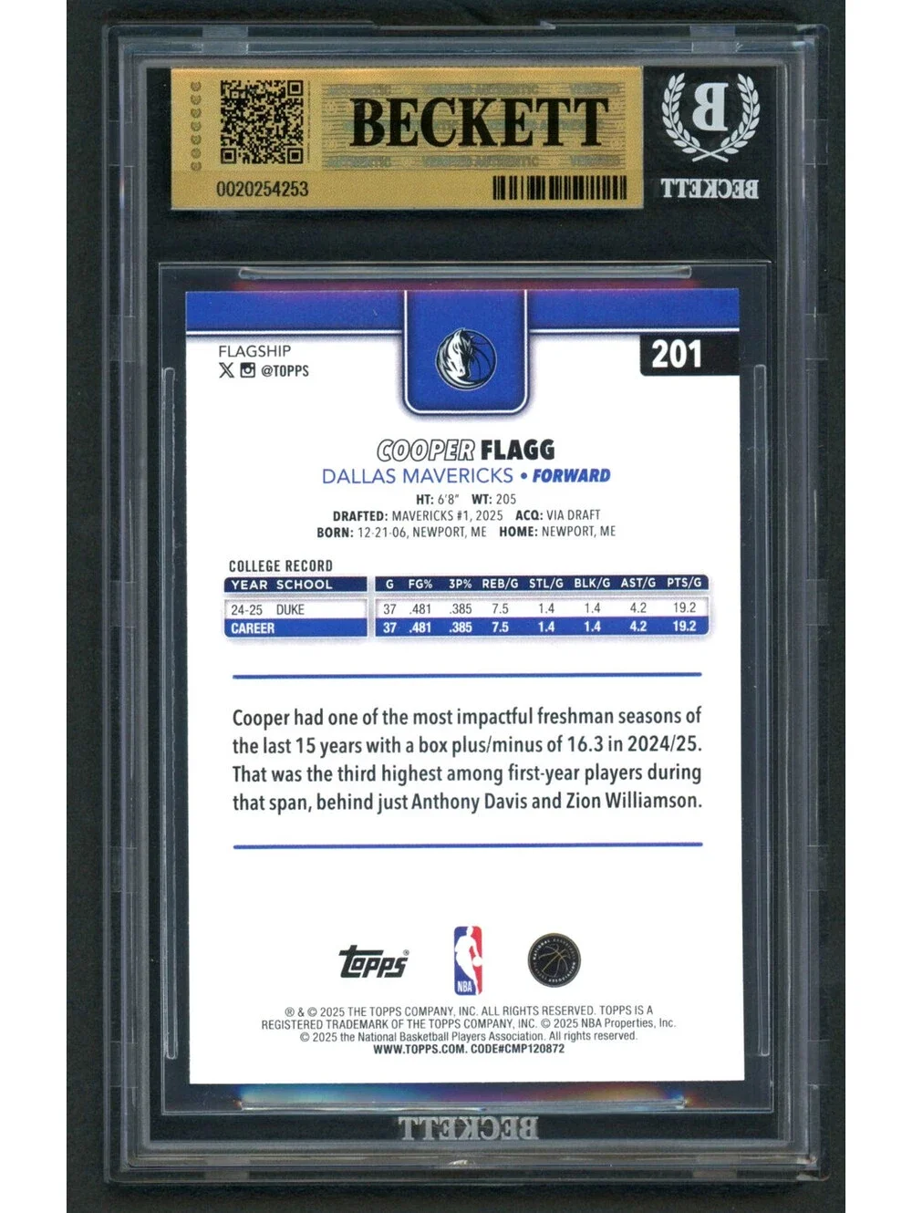 2025-26 Topps Cooper Flagg #201 Marverics Rookie Card (RC) BGS 9.5 Gem Mint